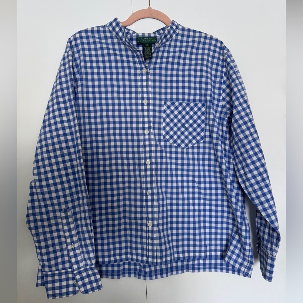 Ralph Lauren Blue and White Checkered women’s button up top